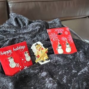 Festive Snowman Earrings and Pin